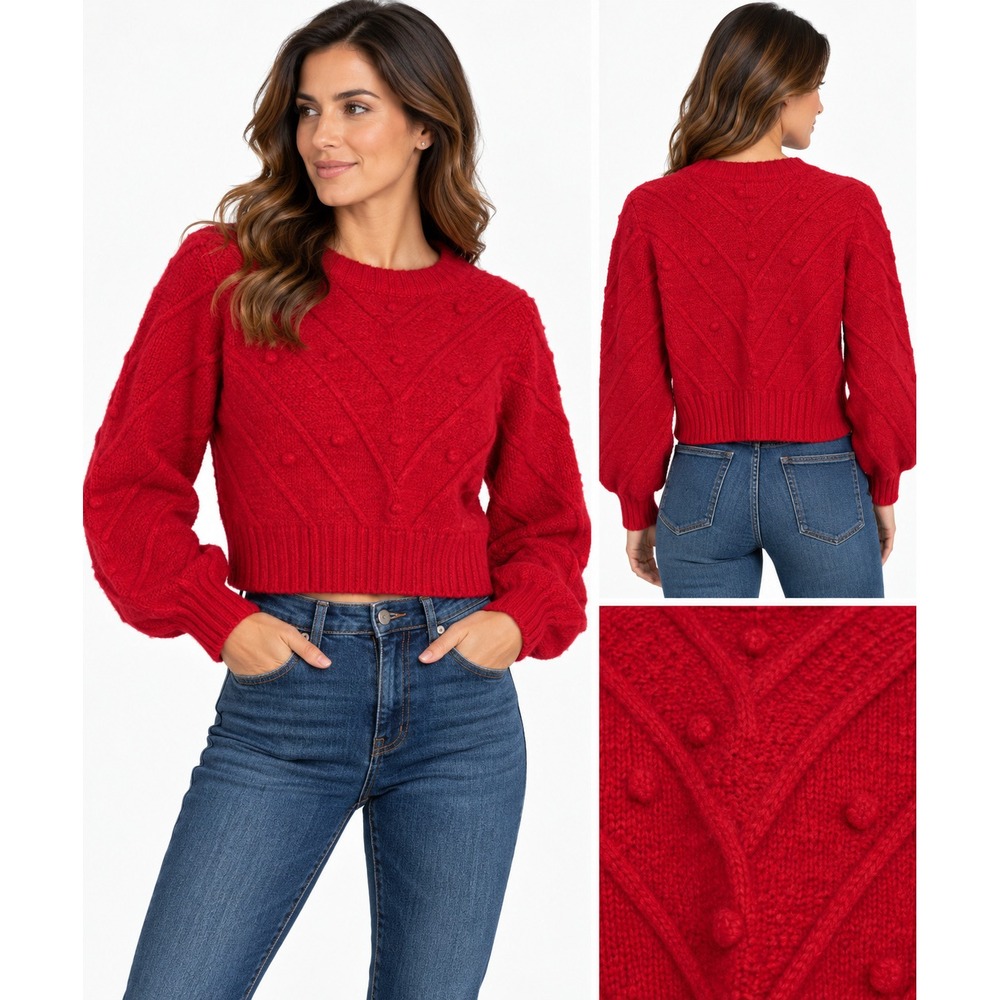SO Cable Knit Cropped Sweater Womens Large Red Chevron Bobble Long Sleeve
